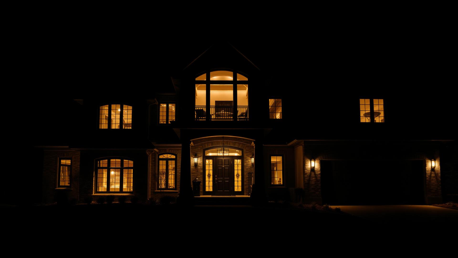 Luxury home exterior glowing at night after completed construction