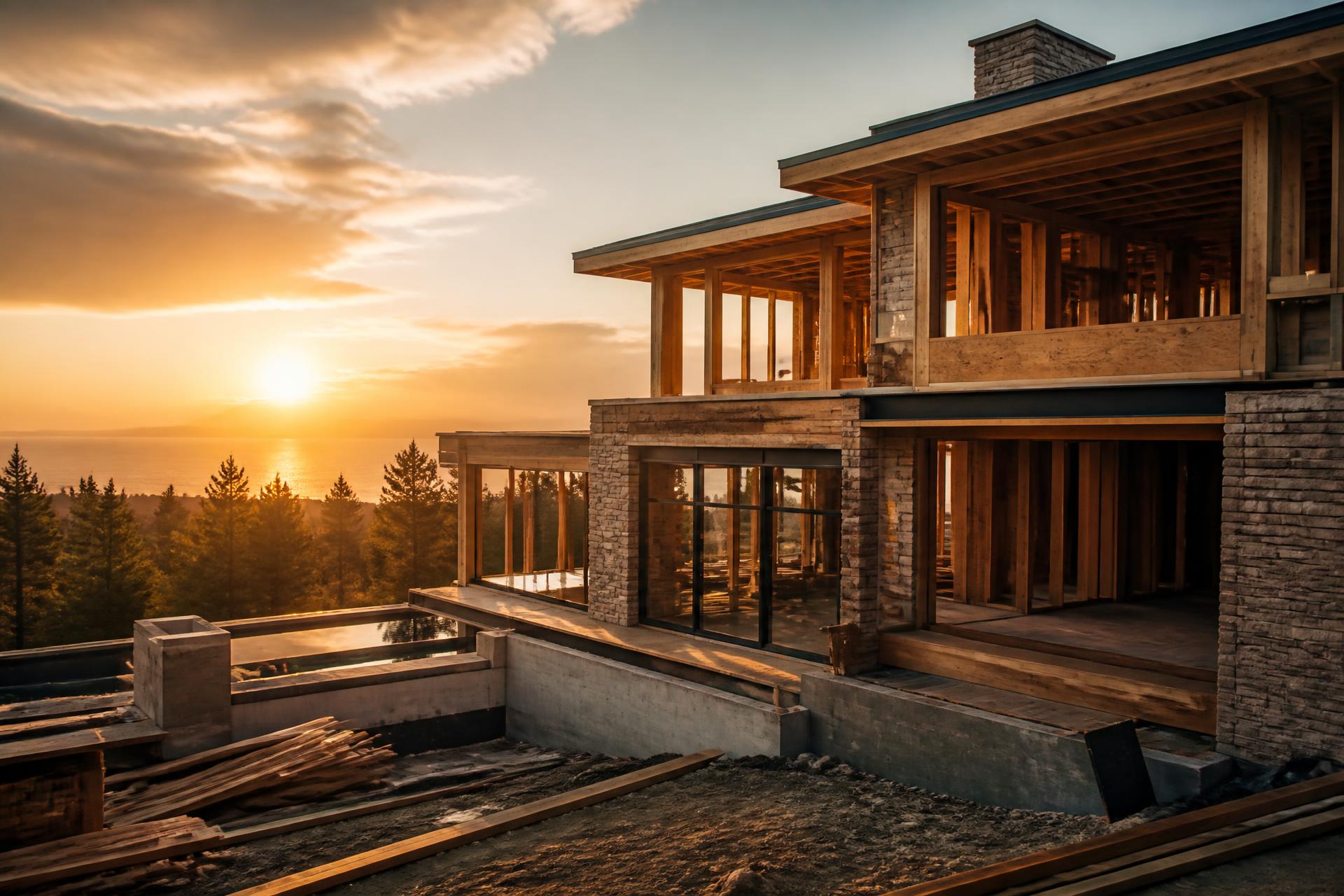 Luxury Northern California home under construction at golden hour